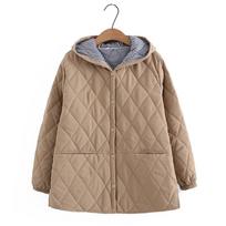Rudens Žiemos Didelio Dydžio Parkas Moteriški Drabužiai Laisvo Kirpimo Su Pamušalu Striukė Madinga Su Gobtuvu Argyle Skeltas Plonas Medvilninis Paltas XXXXXL