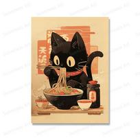 Japoniškų makaronų juodos katės plakatai Juokingi ramen makaronai virtuvės sienai meno spaudiniai Drobės tapybos paveikslėliai restorano namų dekoravimui 40x60cm No Framed