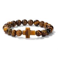 Charm Natural Stone Bracelet Cross Black Lava Beaded Bracelets Handmade Men Women Prayer Fitness Chain Couple Jewelry Gift A16 brown