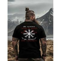 Viking with Beard In Nordic Style Wears Black T-Shirt | Vegvisir Design In Mountain Landscape, Crew Neck, Slight Stretch, Regular Fit, Casual Style, 4XL gray
