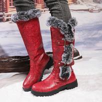 Women's Long Boots With Fleece Warm Stylish Casual Chunky Heel Leather Cloth Round Toe Mid Calf Boots. Womens Galoshes Mid Calf 36 raudona