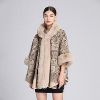 Žieminė moteriška skara Cape kailinė apykaklė žakardo gobtuvu su gobtuvu didelio dydžio septynių taškų rankovėmis Tweed striukė megztinis One Size beige