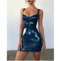 Women's Sexy Sleeveless PU Leather Suspender Dress - Solid Color Short Tight Skirt M brown