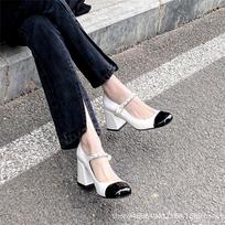 Square head one-word buckle with Mary Jane shoes fashion high heels women's 2025 new sandals retro thick heel single shoes 40 white