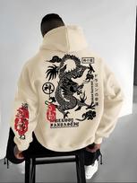 Men's Hoodie, Lined with Warm Fleece, with Vintage Oriental Dragon and Kanji Print, Streetwear Style M