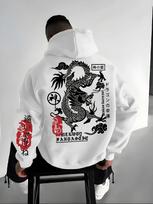 Men's Hoodie, Lined with Warm Fleece, with Vintage Oriental Dragon and Kanji Print, Streetwear Style M