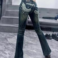 Women High Street Low Waist Wing Embroidery Y2k Jeans  Retro Streetwear Slim Fit Straight Tube Micro Flare Pants L black