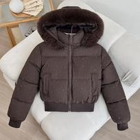 New women's short big fur collar thickened winter gypsy star hot diamond cold-proof cotton jacket M black