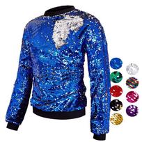 Mens Oversized Round Neck Long Sleeve Hoodie With Reversible Sequins Multi-Color Urban Streetwear Large blue