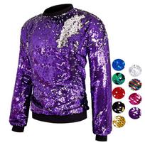 Mens Oversized Round Neck Long Sleeve Hoodie With Reversible Sequins Multi-Color Urban Streetwear XXXL purple