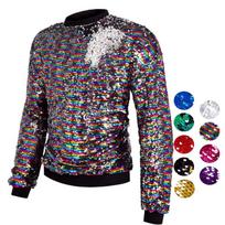 Mens Oversized Round Neck Long Sleeve Hoodie With Reversible Sequins Multi-Color Urban Streetwear XXXL gray