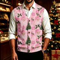 Men's V-Neck Christmas Print Sweater with Big Buttons for Holiday Parties XL white