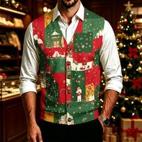 Men's V-Neck Christmas Print Sweater with Big Buttons for Holiday Parties XXL white
