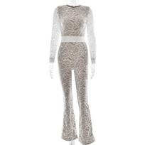 Sexy Lace Patchwork Long Sleeve Round Neck Jumpsuit Women Streetwear S