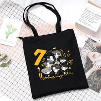 BTS Canvas Tote Bag, Cute Cartoon Group 7 Print Shoulder Handbag, Reusable Canvas Shopping Bag, Casual Book Bag Gift for Army Fans, 35×40cm Black black
