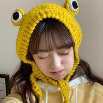 Warmer Women Winter Cartoon Knitted Big Eye Frog Ear Protective Frog Hat Knitted Caps Beanie Hats yellow