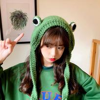 Warmer Women Winter Cartoon Knitted Big Eye Frog Ear Protective Frog Hat Knitted Caps Beanie Hats black