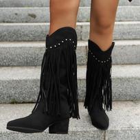 New Women's Vintage Fringe Boots Knee-High Low Chunky Heel Pointed Toe Winter Boots Female Western Cowboy Booties 42