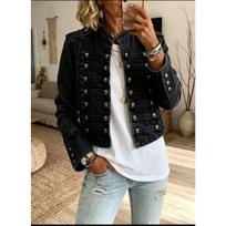 Fall New Napoleon Style Single Breasted Buttons Cropped Denim Jacket, European American Style Casual Outerwear for Wholesale XL black