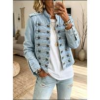 Fall New Napoleon Style Single Breasted Buttons Cropped Denim Jacket, European American Style Casual Outerwear for Wholesale XL
