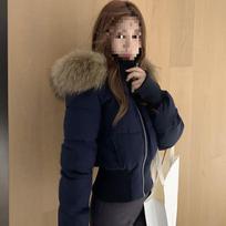 Solid color hooded short cotton-padded clothes women's big fur collar waist collection autumn and winter warm cotton jacket brick and mortar store l recommended 57.5-62.5kg brown