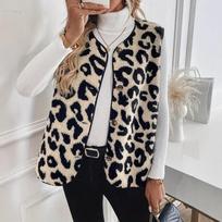 Women S Leopard Print Button Front Fleece Fashion Vest XXL gray