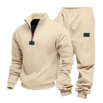 Men's Winter Heavyweight Fleece Lined Sweatsuit Set, Loose Fit Stand Collar Long Sleeve Top & Sweatpants with Logo, Casual Commuter 2 Piece Tracksuit XXXL beige