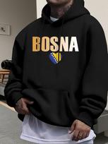 Casual Fleece Hoodie with  BOSNA  Print & Flag Design - Gray XXXL black