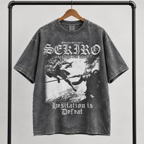 Sekiro Shadows Die Twice Mineral Wash T Shirt, Hesitation Is Defeat Graphic Tee, Vintage Samurai Gaming Shirt, Oversized Gamer Streetwear L black
