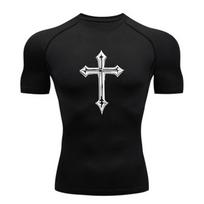 Men's Gothic Cross Print Compression Workout T-shirt, Quick Dry Breathable Athletic Top for Gym Running Training Fitness XXL black