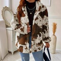 Women Autumn Winter Cow Print Fuzzy Fleece Hooded Jacket, Open Front Plush Fluffy Coat,Casual Loose Warm Hoodie Outerwear For Daily Street Outfit S black