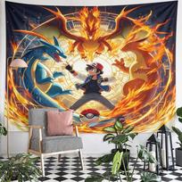 Ash Ketchum Pokemon Trainer with Charizard Fire Dragon Circle Wall Tapestry Anime Game Decor for Kids Game Room Gift 130x150cm(51x59in)