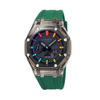 CASIO Unisex skystųjų kristalų/analoginis dvigubo ekrano serijos juodas laikrodis GA-2100-1A1(Watch4--) Black Transparent Watch Case Green Rubber Band