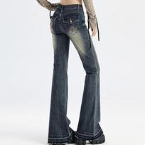 High Street Spicy Girls Low Waist Jeans Women Autumn Vintage Y2k Design Sense Slim Fit Straight Tube Micro Flare Pants XL gray
