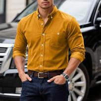 Men's Retro Corduroy Shirt Korean Casual with Turn-Down Collar and Patch Pocket L orange