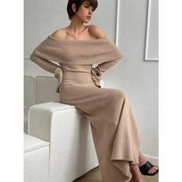 Sexy One Collar Dress Knitted Autumn/Winter Woolen Skirt Flip Collar Off Shoulder Knitted Skirt L brown