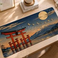 Japanese Ukiyoe Style Large Mouse Pad Torii Gate Mount Fuji Full Moon Crane Art Gaming Mousepad Nonslip Rubber Desk Mat 900x400x2mm brown