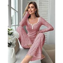 Women Sexy Casual European Style Long Sleeve Long Pants Two Piece Pajama Set L gray