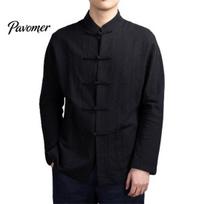 Chinese Style Shirt Top Men Autumn Mandarin Collar Long Sleeve Pockets Disc Button Traditional Kung Fu Tai Chi Tang Tops Uniform Breathable XL black