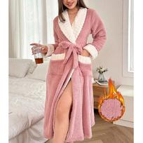 Womens Fleece Robe Thick Warm Plush Collar Elegant Loungewear Sleep Bath Home L