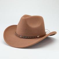 Vintage Fivepoint Star Leather Belt Western Cowboy Hat Wool Jazz Cap For Adults brown
