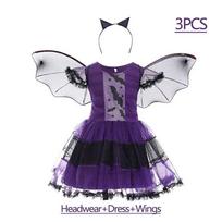 Mergaitės Violetinė Šikšnosparnio Suknelė Vaikams Fancy Cosplay Vampyro Demono Kostiumas Su Sparnais Galvos Apdangalu Helovino Karnavalo Raganos Vaidmenų Žaidimo Drabužiai 2Y (Size 100) gray