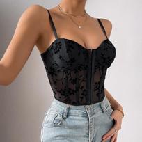 Women Sexy Sheer Mesh Patchwork Low Cut Corset Waist Crop Cami Top S juoda