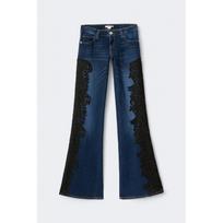 Low Rise Lace Flared Jeans Women Side Hollow Out Hem Slim Denim Pants Streetwear XS blue