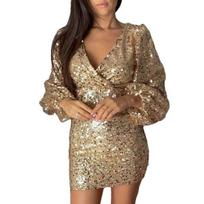 Women's Sexy Sequin Bodycon Dress Sheer Long Sleeve Deep V Neck Mini Dress Sparkly S beige