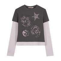 Women's Spicy Two-Piece Style Striped Patchwork Long-Sleeve Slim Fit T-Shirt, Figure-Flattering Versatile Spring Top L white