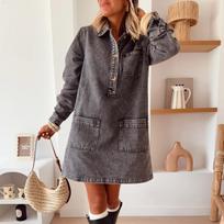 Loose Fit Long Sleeve Denim Dress With Turn Down Collar M black