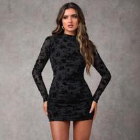 Women S Sexy Long Sleeve Floral Flocked Mesh Bodycon Dress XXL
