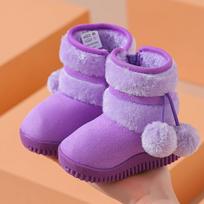 Girls Kids Winter Snow Boots Cute Pom Pom Plush Furry Warm Side Zipper Anti Slip Toddler Ankle Boots 25 violetinė