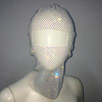 Zircon Rhinestone Head Mask Mesh Fishnet Headhood Elegant Balaclava Hat  Nightclub white